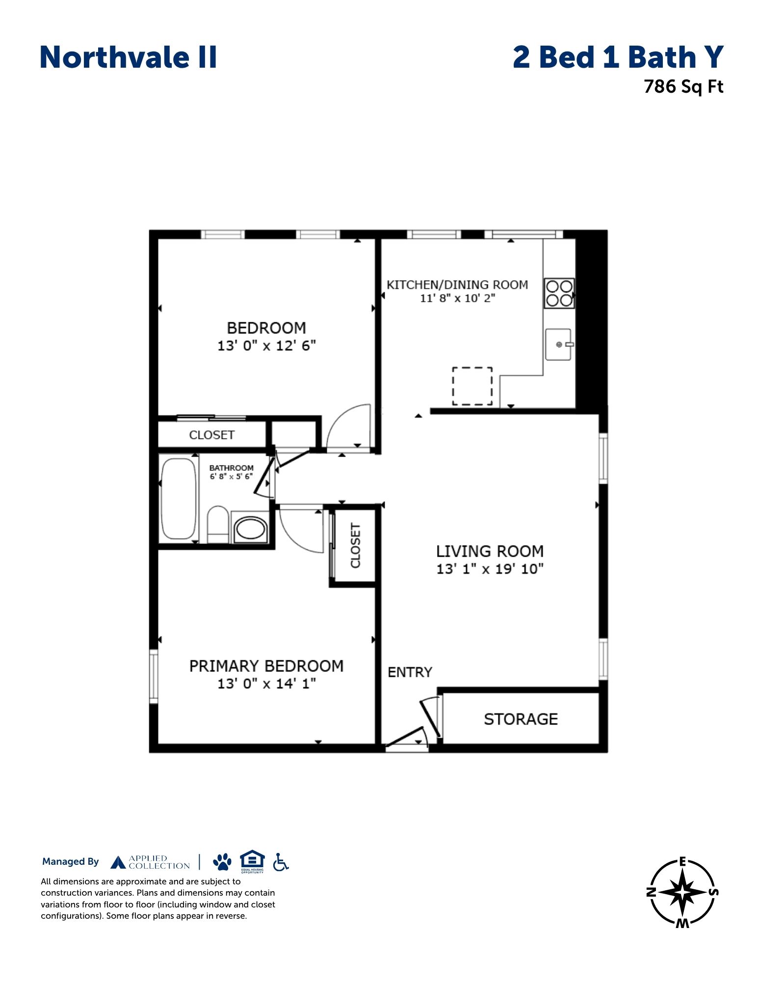 Floor plan for 2 beds, 1 bath, 786 sqft